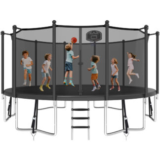 KOFUN 1500LBS 16FT Trampoline for Kids and Adults Outdoor Backyard Trampoline with Safety Enclosure Net, Basketball Hoop, 4 Anchor Kits, Ladder, A Ball, Black