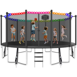 KOFUN 1500LBS 16FT Trampoline with Light, Heavy Duty Trampoline for Kids and Adults, Backyard Trampoline with Safety Enclosure Net, Basketball Hoop, 4 Anchor Kits, Ladder, A Ball, Black