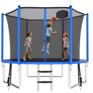 KOFUN 1000LBS 10FT Trampoline for Kids and Adults Outdoor Backyard Trampoline with Safety Enclosure Net, Basketball Hoop, 3 Anchor Kits, Ladder, A Ball, Blue