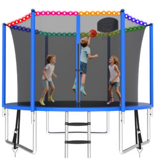 KOFUN 1000LBS 10FT Trampoline with Light, Heavy Duty Trampoline for Kids and Adults, Backyard Trampoline with Safety Enclosure Net, Basketball Hoop, 3 Anchor Kits, Ladder, A Ball, Blue