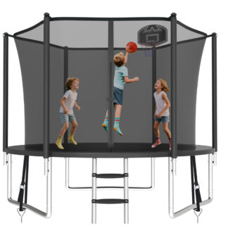 KOFUN 1000LBS 10FT Trampoline for Kids and Adults Outdoor Backyard Trampoline with Safety Enclosure Net, Basketball Hoop, 3 Anchor Kits, Ladder, A Ball, Black