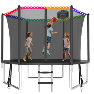 KOFUN 1000LBS 10FT Trampoline with Light, Heavy Duty Trampoline for Kids and Adults, Backyard Trampoline with Safety Enclosure Net, Basketball Hoop, 3 Anchor Kits, Ladder, A Ball, Black