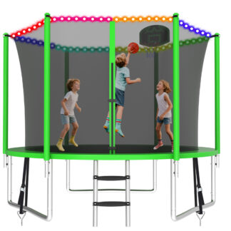 KOFUN 1000LBS 10FT Trampoline with Light, Heavy Duty Trampoline for Kids and Adults, Backyard Trampoline with Safety Enclosure Net, Basketball Hoop, 3 Anchor Kits, Ladder, A Ball, Green