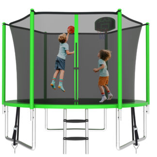KOFUN 800LBS 8FT Trampoline for Kids and Adults Outdoor Backyard Trampoline with Safety Enclosure Net, Basketball Hoop, 3 Anchor Kits, Ladder, A Ball, Green