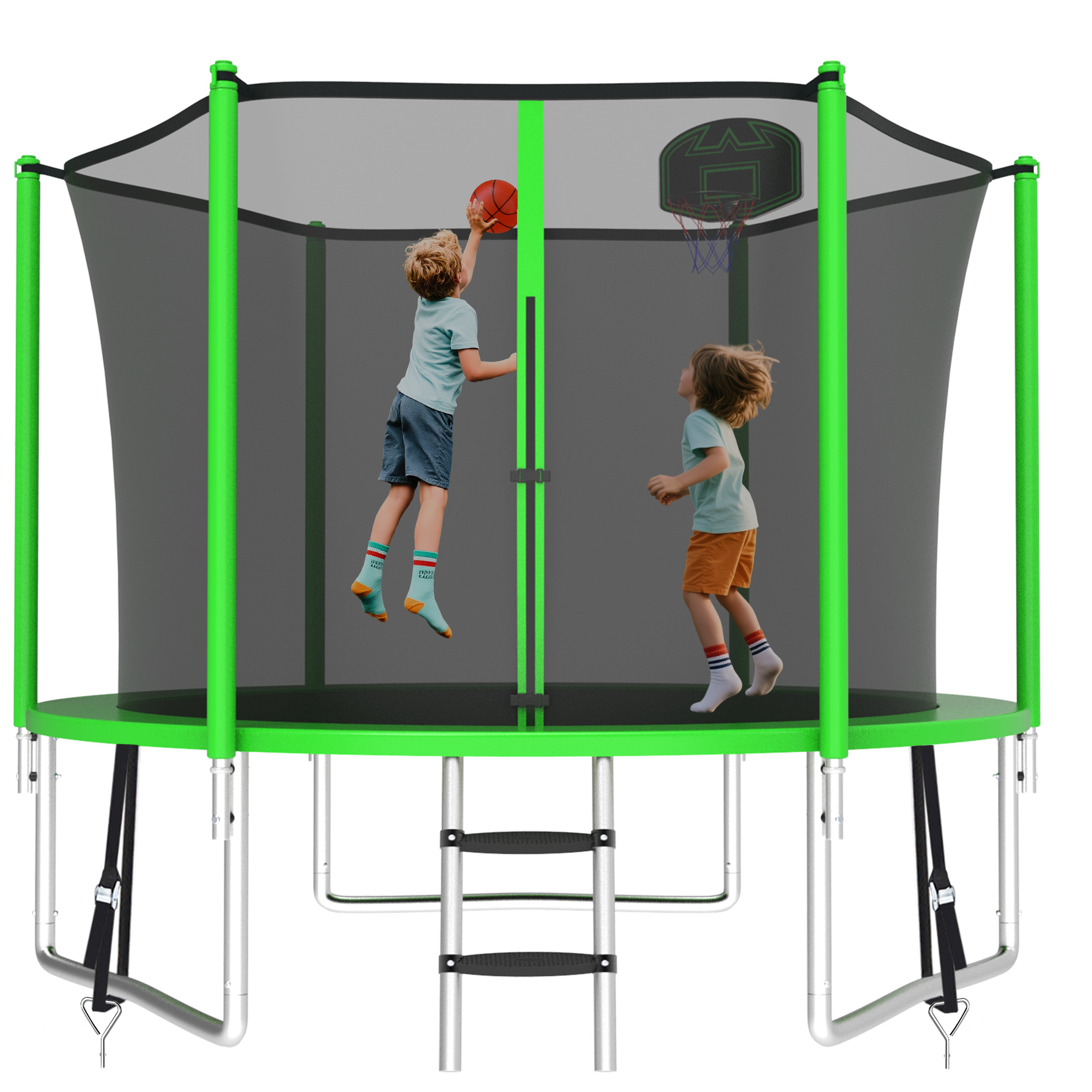 KOFUN 800LBS 8FT Trampoline for Kids and Adults Outdoor Backyard Trampoline with Safety Enclosure Net, Basketball Hoop, 3 Anchor Kits, Ladder, A Ball, Green