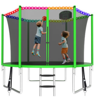 KOFUN 800LBS 8FT Trampoline with Light, Heavy Duty Trampoline for Kids and Adults, Backyard Trampoline with Safety Enclosure Net, Basketball Hoop, 3 Anchor Kits, Ladder, A Ball, Green