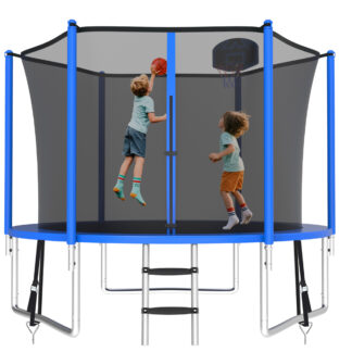 KOFUN 800LBS 8FT Trampoline for Kids and Adults Outdoor Backyard Trampoline with Safety Enclosure Net, Basketball Hoop, 3 Anchor Kits, Ladder, A Ball, Blue