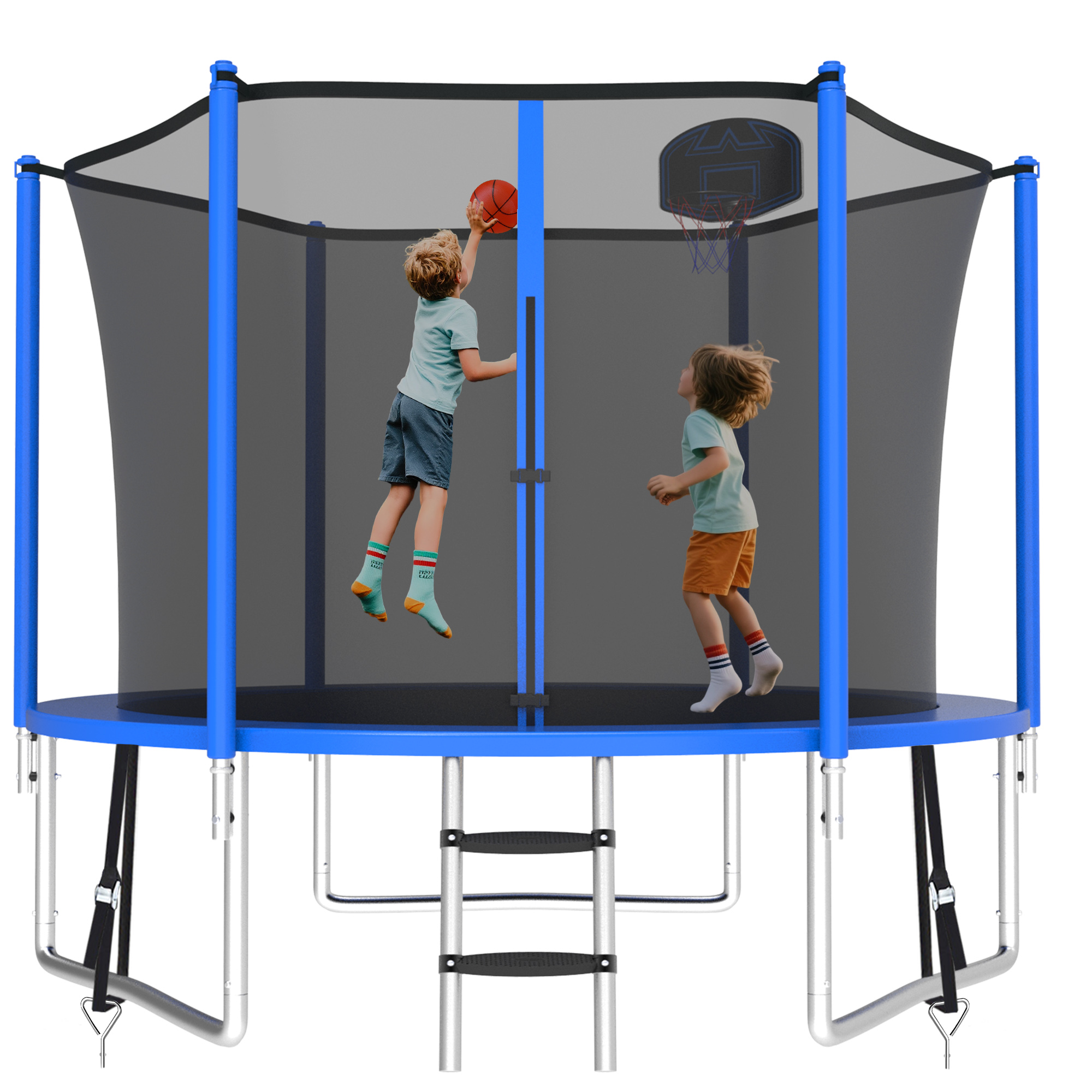 KOFUN 800LBS 8FT Trampoline for Kids and Adults Outdoor Backyard Trampoline with Safety Enclosure Net, Basketball Hoop, 3 Anchor Kits, Ladder, A Ball, Blue