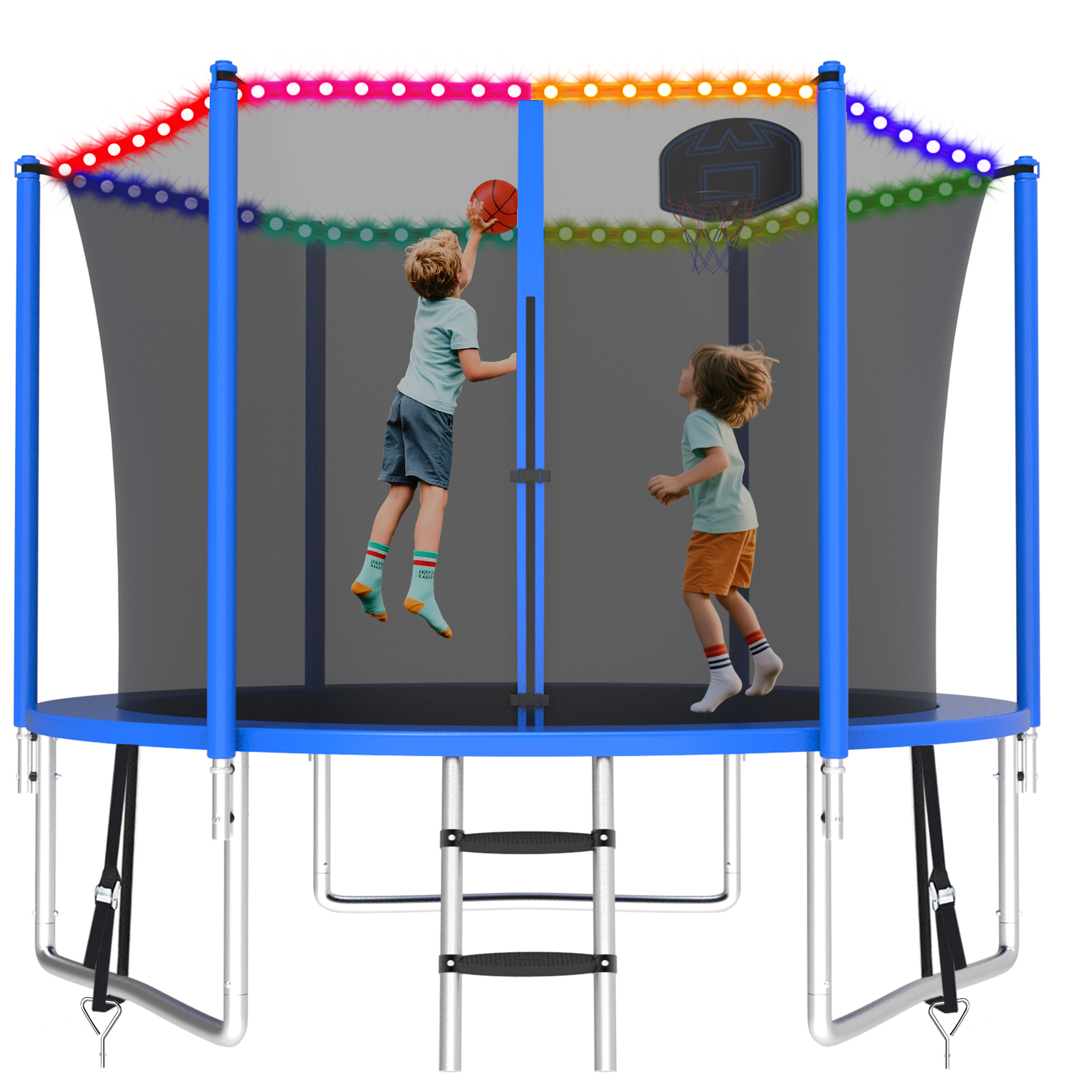 KOFUN 800LBS 8FT Trampoline with Light, Heavy Duty Trampoline for Kids and Adults, Backyard Trampoline with Safety Enclosure Net, Basketball Hoop, 3 Anchor Kits, Ladder, A Ball, Blue