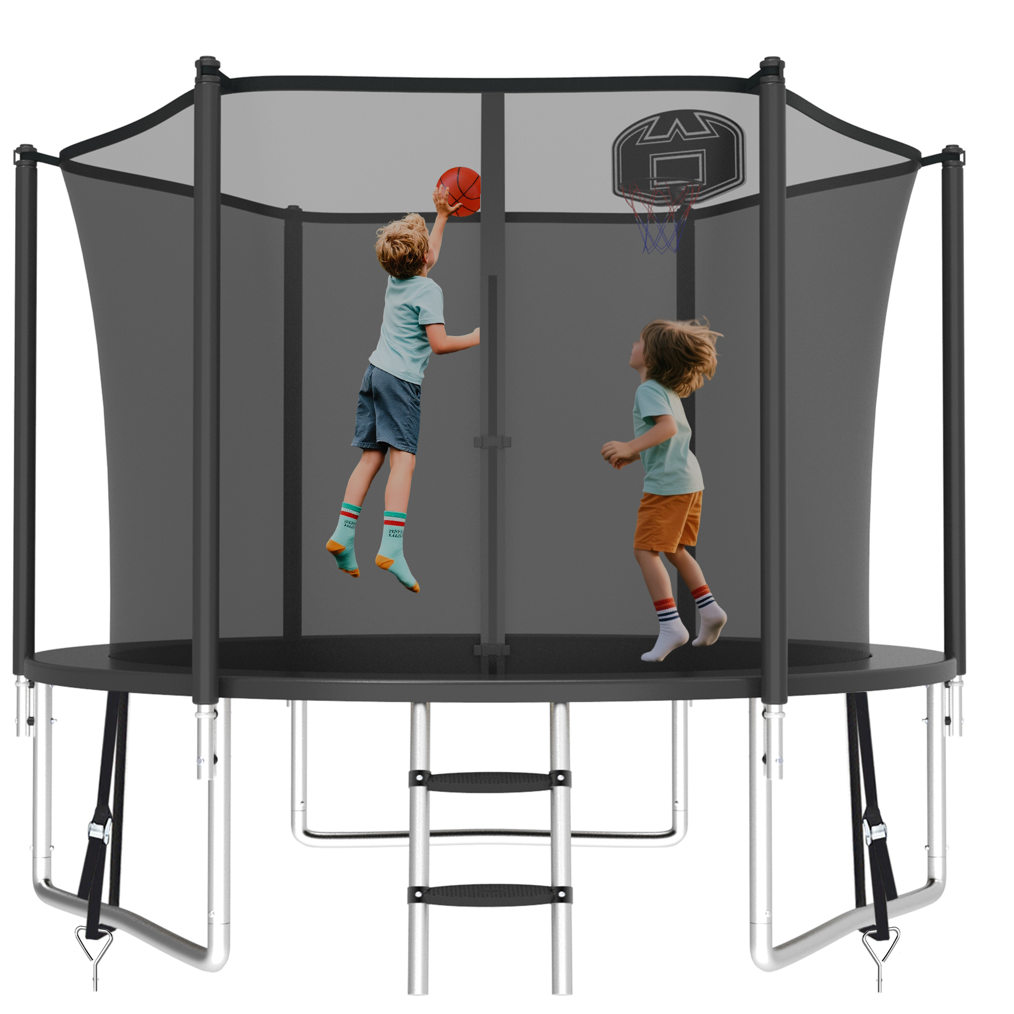 KOFUN 800LBS 8FT Trampoline for Kids and Adults Outdoor Backyard Trampoline with Safety Enclosure Net, Basketball Hoop, 3 Anchor Kits, Ladder, A Ball, Black