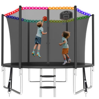 KOFUN 800LBS 8FT Trampoline with Light, Heavy Duty Trampoline for Kids and Adults, Backyard Trampoline with Safety Enclosure Net, Basketball Hoop, 3 Anchor Kits, Ladder, A Ball, Black