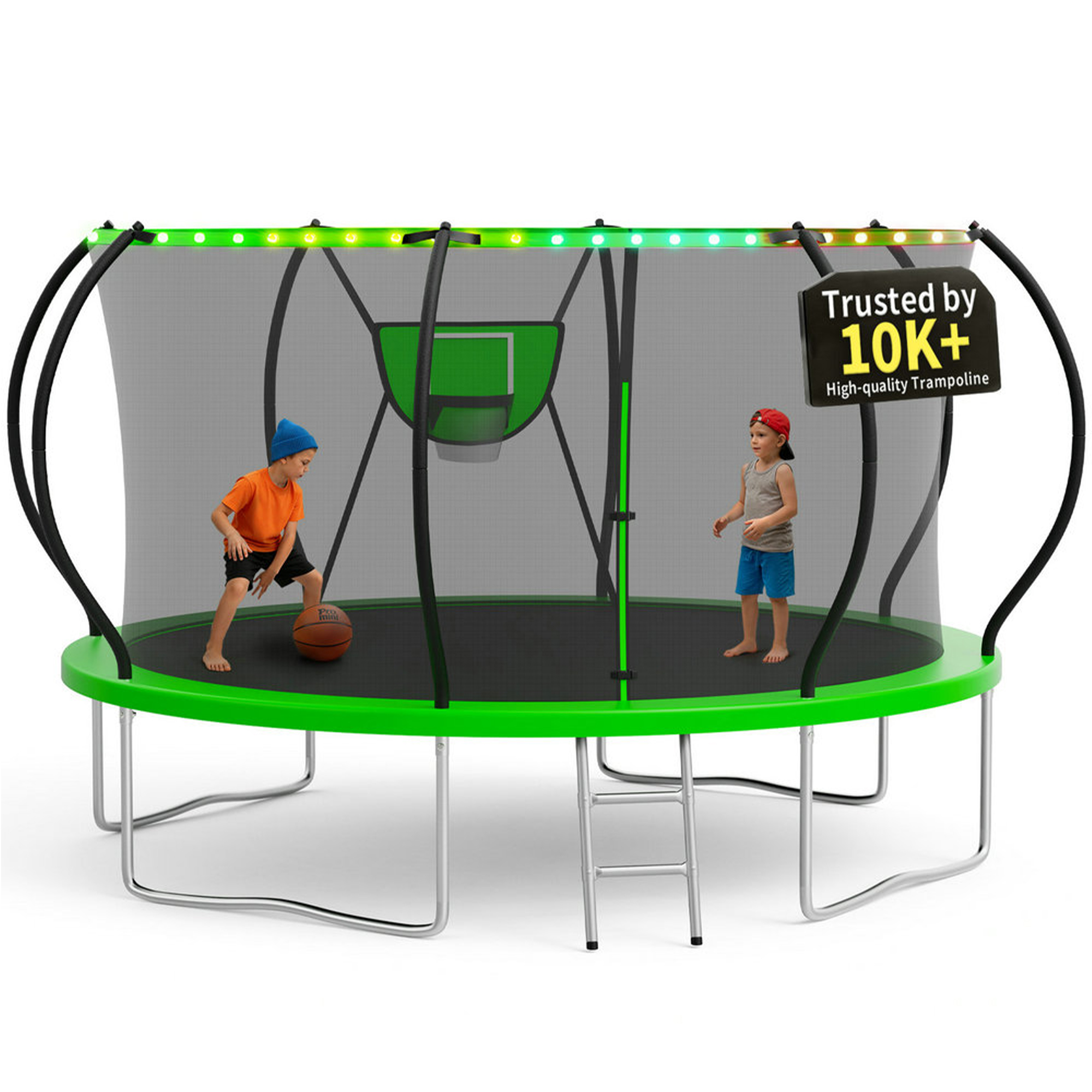KOFUN 12FT Trampoline for Kids and Adults, Round Trampoline with Basketball Hoop and Ladder, Outdoor Backyard Trampoline with Enclosure Net, Light, 1200LBS Capacity, Easy to Install, Green