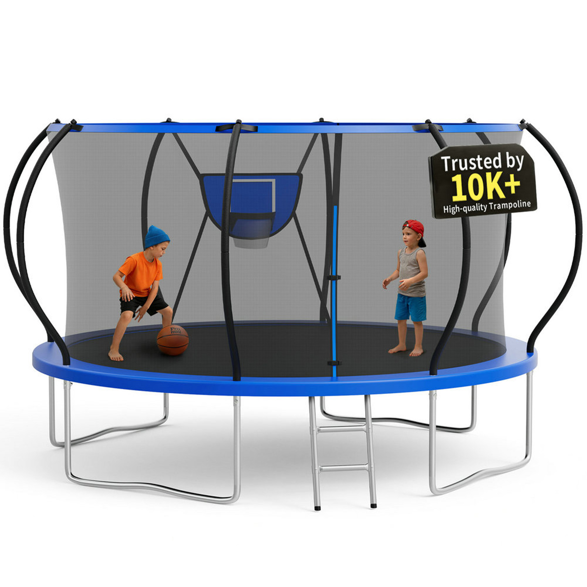 KOFUN 12FT Trampoline for Kids and Adults, Round Trampoline with Basketball Hoop and Ladder, Outdoor Backyard Trampoline with Enclosure Net, 1200LBS Capacity, Easy to Install, Blue