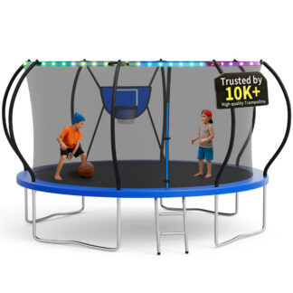 KOFUN 12FT Trampoline for Kids and Adults, Round Trampoline with Basketball Hoop and Ladder, Outdoor Backyard Trampoline with Enclosure Net, Light, 1200LBS Capacity, Easy to Install, Blue