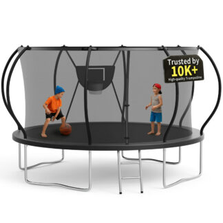 KOFUN 12FT Trampoline for Kids and Adults, Round Trampoline with Basketball Hoop and Ladder, Outdoor Backyard Trampoline with Enclosure Net, 1200LBS Capacity, Easy to Install, Black