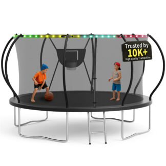 KOFUN 12FT Trampoline for Kids and Adults, Round Trampoline with Basketball Hoop and Ladder, Outdoor Backyard Trampoline with Enclosure Net, Light, 1200LBS Capacity, Easy to Install, Black