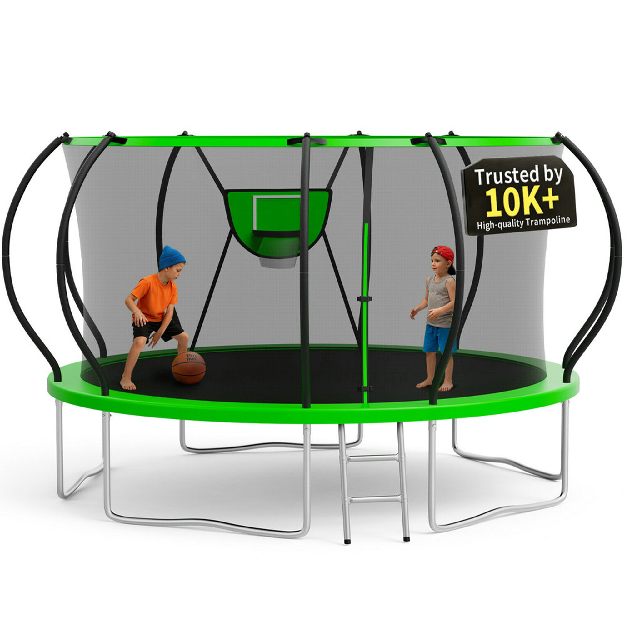 KOFUN 14FT Trampoline for Kids and Adults, Recreational Trampoline with Basketball Hoop and Ladder, Outdoor Backyard Trampoline with Enclosure Net, 1400LBS Capacity, Easy to Install, Green