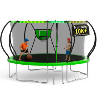 KOFUN 14FT Trampoline for Kids and Adults, Round Trampoline with Basketball Hoop and Ladder, Outdoor Backyard Trampoline with Enclosure Net, Light, 1400LBS Capacity, Easy to Install, Green