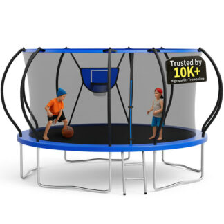 KOFUN 14FT Trampoline for Kids and Adults, Recreational Trampoline with Basketball Hoop and Ladder, Outdoor Backyard Trampoline with Enclosure Net, 1400LBS Capacity, Easy to Install, Blue