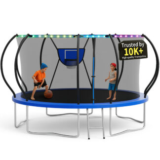 KOFUN 14FT Trampoline for Kids and Adults, Round Trampoline with Basketball Hoop and Ladder, Outdoor Backyard Trampoline with Enclosure Net, Light, 1400LBS Capacity, Easy to Install, Blue