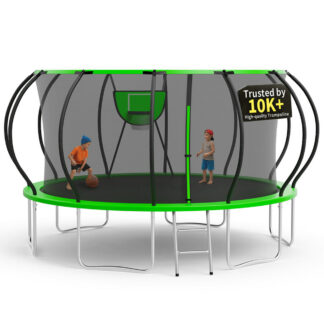 KOFUN 16FT Trampoline for Kids and Adults, Round Trampoline with Basketball Hoop and Ladder, Outdoor Backyard Trampoline with Enclosure Net, 1500LBS Capacity, Easy to Install, Green