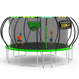KOFUN 16FT Trampoline for Kids and Adults, Round Trampoline with Basketball Hoop and Ladder, Outdoor Backyard Trampoline with Enclosure Net, Light, 1500LBS Capacity, Easy to Install, Green