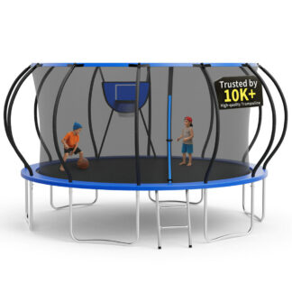 KOFUN 16FT Trampoline for Kids and Adults, Round Trampoline with Basketball Hoop and Ladder, Outdoor Backyard Trampoline with Enclosure Net, 1500LBS Capacity, Easy to Install, Blue