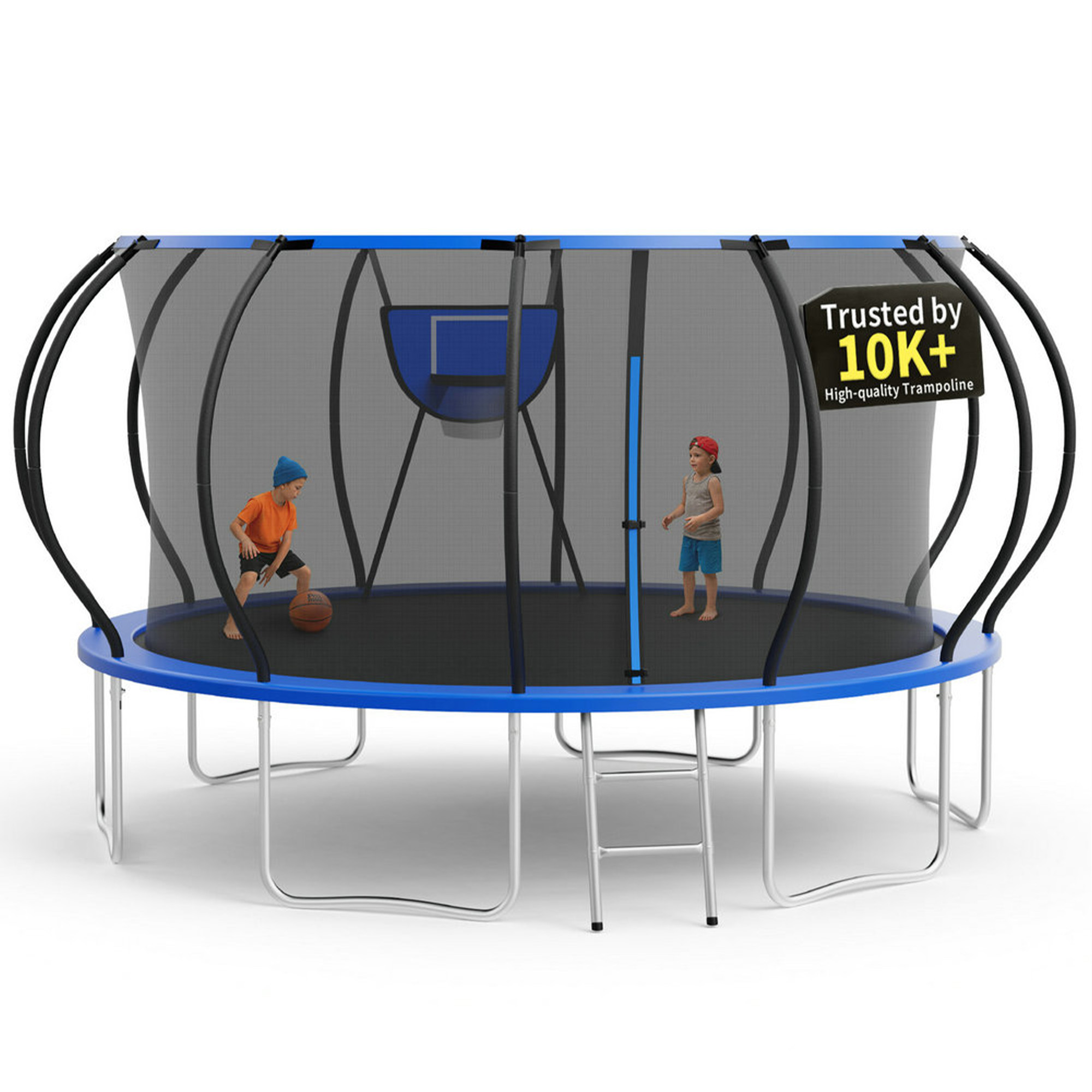 KOFUN 16FT Trampoline for Kids and Adults, Round Trampoline with Basketball Hoop and Ladder, Outdoor Backyard Trampoline with Enclosure Net, 1500LBS Capacity, Easy to Install, Blue
