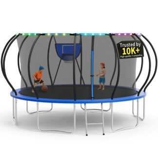 KOFUN 16FT Trampoline for Kids and Adults, Round Trampoline with Basketball Hoop and Ladder, Outdoor Backyard Trampoline with Enclosure Net, Light, 1600LBS Capacity, Easy to Install, Blue