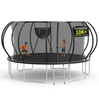 KOFUN 16FT Trampoline for Kids and Adults, Round Trampoline with Basketball Hoop and Ladder, Outdoor Backyard Trampoline with Enclosure Net, 1500LBS Capacity, Easy to Install, Black