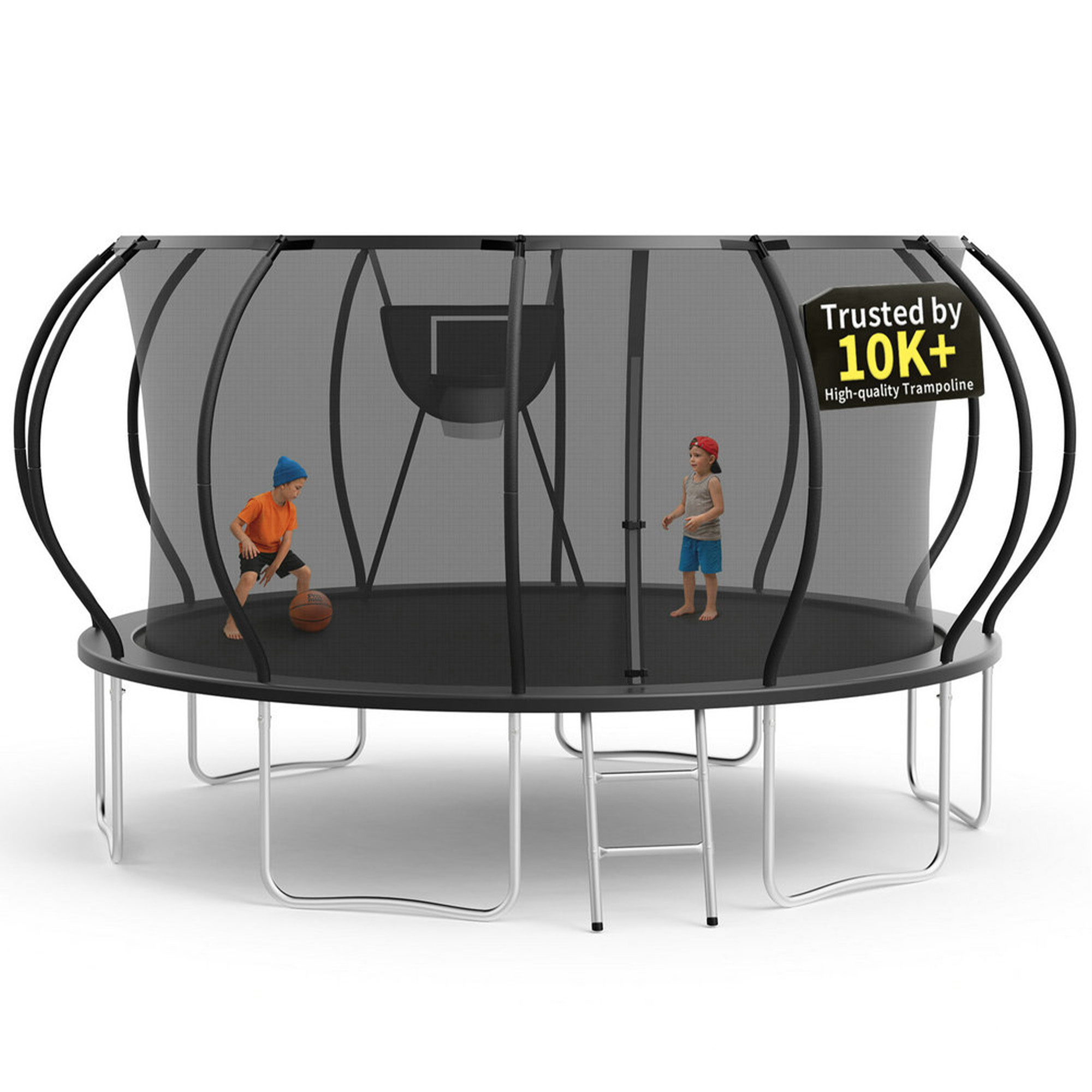 KOFUN 16FT Trampoline for Kids and Adults, Round Trampoline with Basketball Hoop and Ladder, Outdoor Backyard Trampoline with Enclosure Net, 1500LBS Capacity, Easy to Install, Black