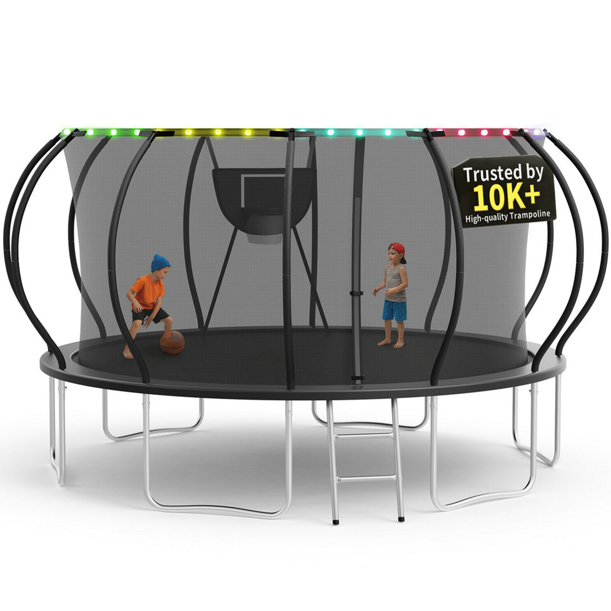 KOFUN 16FT Trampoline for Kids and Adults, Round Trampoline with Basketball Hoop and Ladder, Outdoor Backyard Trampoline with Enclosure Net, Light, 1500LBS Capacity, Easy to Install, Black