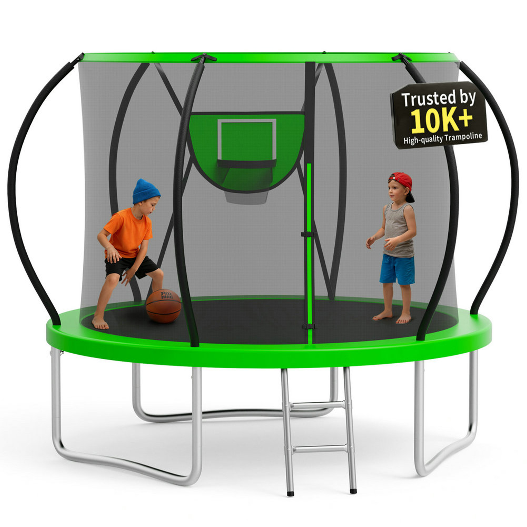 KOFUN 10FT Trampoline for Kids and Adults, Round Trampoline with Basketball Hoop and Ladder, Outdoor Backyard Trampoline with Enclosure Net, 1000LBS Capacity, Easy to Install, Green