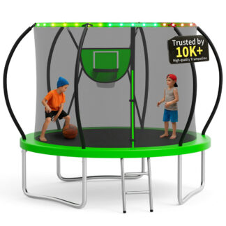 KOFUN 10FT Trampoline for Kids and Adults, Round Trampoline with Basketball Hoop and Ladder, Outdoor Backyard Trampoline with Enclosure Net, Light, 1000LBS Capacity, Easy to Install, Green