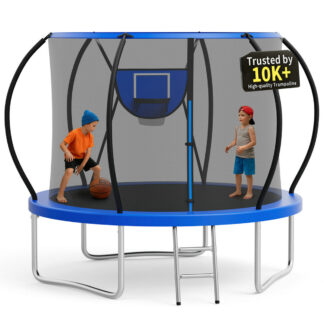 KOFUN 10FT Trampoline for Kids and Adults, Round Trampoline with Basketball Hoop and Ladder, Outdoor Backyard Trampoline with Enclosure Net, 1000LBS Capacity, Easy to Install, Blue