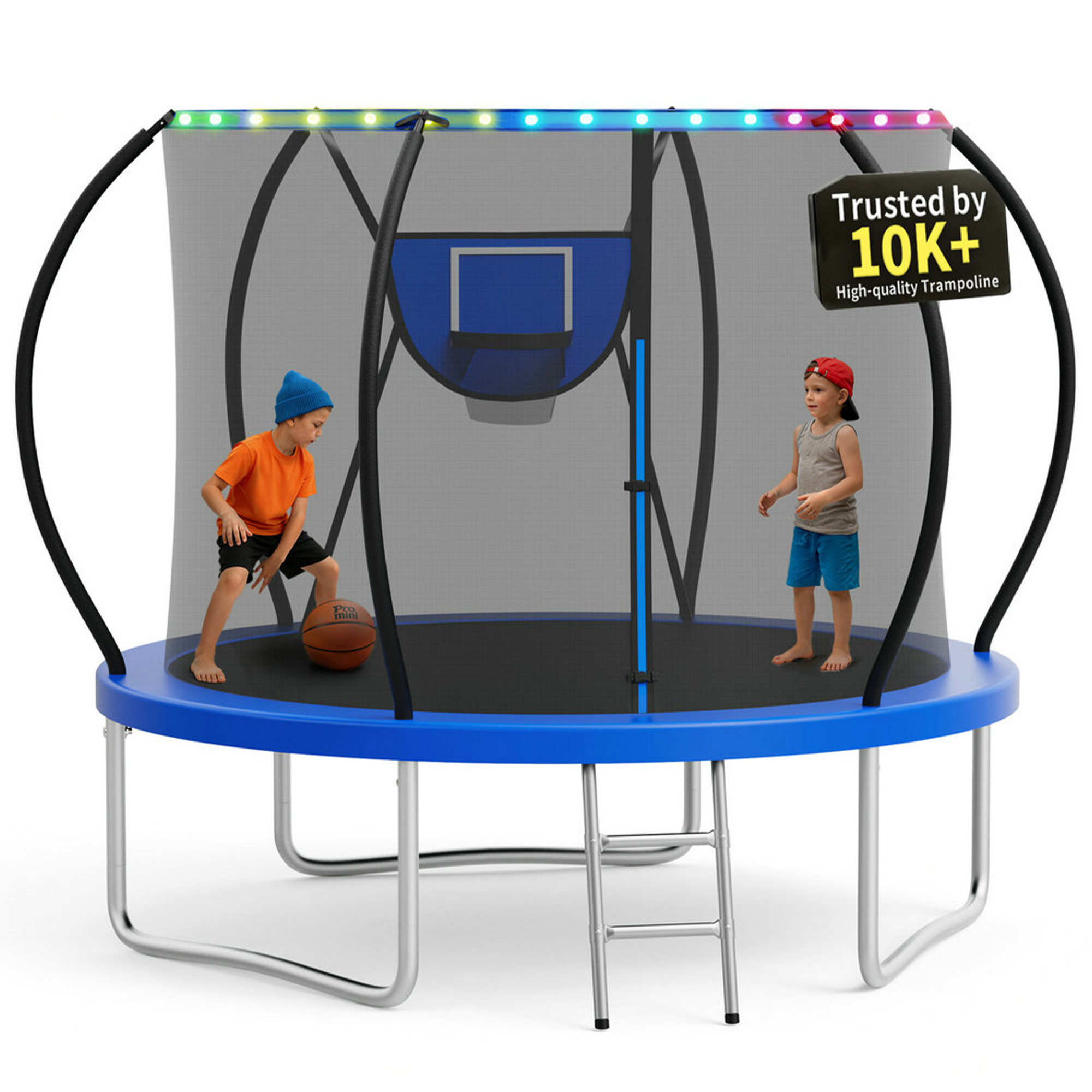 KOFUN 10FT Trampoline for Kids and Adults, Round Trampoline with Basketball Hoop and Ladder, Outdoor Backyard Trampoline with Enclosure Net, Light, 1000LBS Capacity, Easy to Install, Blue