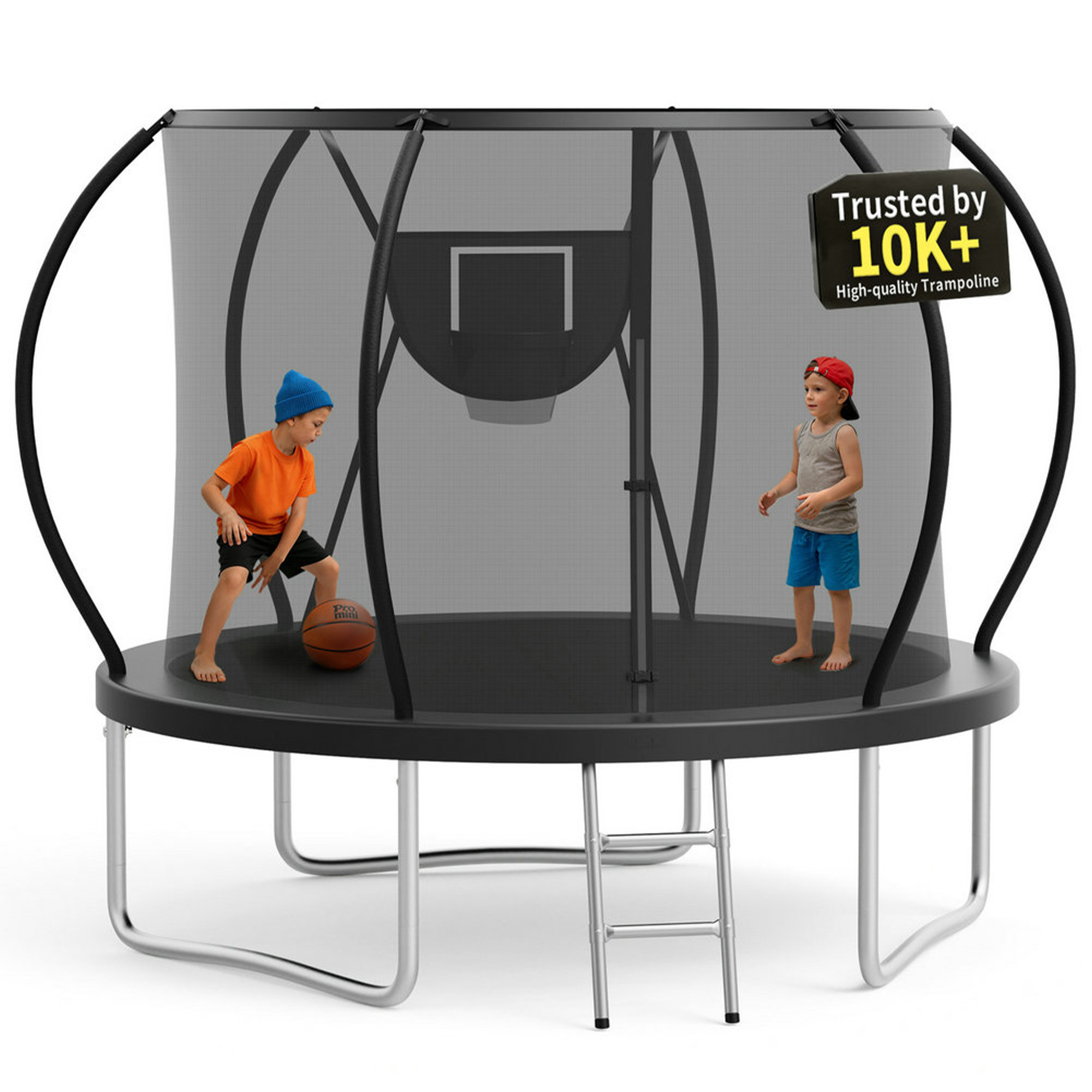 KOFUN 10FT Trampoline for Kids and Adults, Round Trampoline with Basketball Hoop and Ladder, Outdoor Backyard Trampoline with Enclosure Net, 1000LBS Capacity, Easy to Install, Black