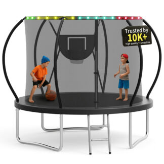 KOFUN 10FT Trampoline for Kids and Adults, Round Trampoline with Basketball Hoop and Ladder, Outdoor Backyard Trampoline with Enclosure Net, Light, 1000LBS Capacity, Easy to Install, Black
