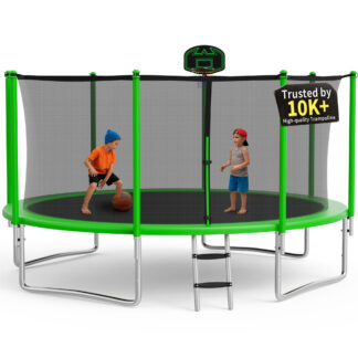 KOFUN 1200LBS 12FT Trampoline for Kids and Adults Outdoor Backyard Trampoline with Safety Enclosure Net, Basketball Hoop, 4 Anchor Kits, Ladder, A Ball, Green