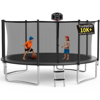 KOFUN 1200LBS 12FT Trampoline for Kids and Adults Outdoor Backyard Trampoline with Safety Enclosure Net, Basketball Hoop, 4 Anchor Kits, Ladder, A Ball, Black