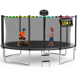 KOFUN 1200LBS 12FT Trampoline with Light, Heavy Duty Trampoline for Kids and Adults, Backyard Trampoline with Safety Enclosure Net, Basketball Hoop, 4 Anchor Kits, Ladder, A Ball, Black