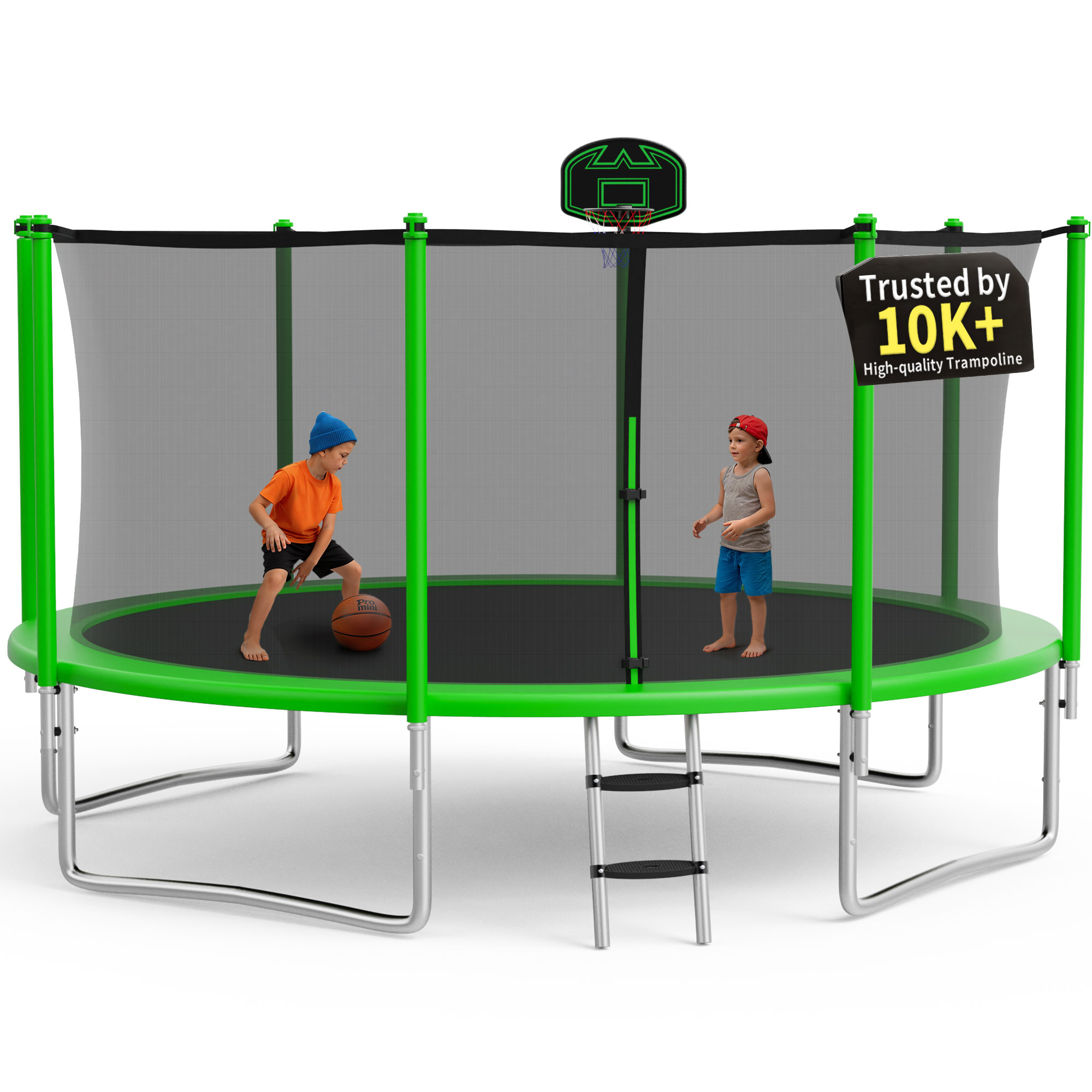 KOFUN 1400LBS 14FT Trampoline for Kids and Adults Outdoor Backyard Trampoline with Safety Enclosure Net, Basketball Hoop, 4 Anchor Kits, Ladder, A Ball, Green