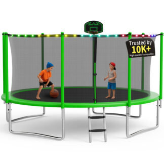 KOFUN 1400LBS 14FT Trampoline with Light, Heavy Duty Trampoline for Kids and Adults, Backyard Trampoline with Safety Enclosure Net, Basketball Hoop, 4 Anchor Kits, Ladder, A Ball, Green