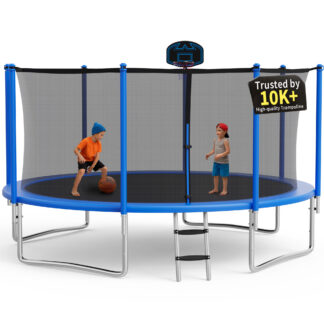 KOFUN 1400LBS 14FT Trampoline for Kids and Adults Outdoor Backyard Trampoline with Safety Enclosure Net, Basketball Hoop, 4 Anchor Kits, Ladder, A Ball, Blue