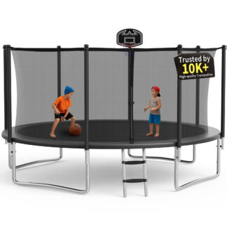 KOFUN 1400LBS 14FT Trampoline for Kids and Adults Outdoor Backyard Trampoline with Safety Enclosure Net, Basketball Hoop, 4 Anchor Kits, Ladder, A Ball, Black