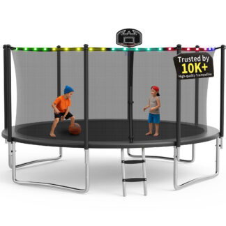 KOFUN 1400LBS 14FT Trampoline with Light, Heavy Duty Trampoline for Kids and Adults, Backyard Trampoline with Safety Enclosure Net, Basketball Hoop, 4 Anchor Kits, Ladder, A Ball, Black