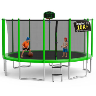 KOFUN 1500LBS 15FT Trampoline for Kids and Adults Outdoor Backyard Trampoline with Safety Enclosure Net, Basketball Hoop, 4 Anchor Kits, Ladder, A Ball, Green