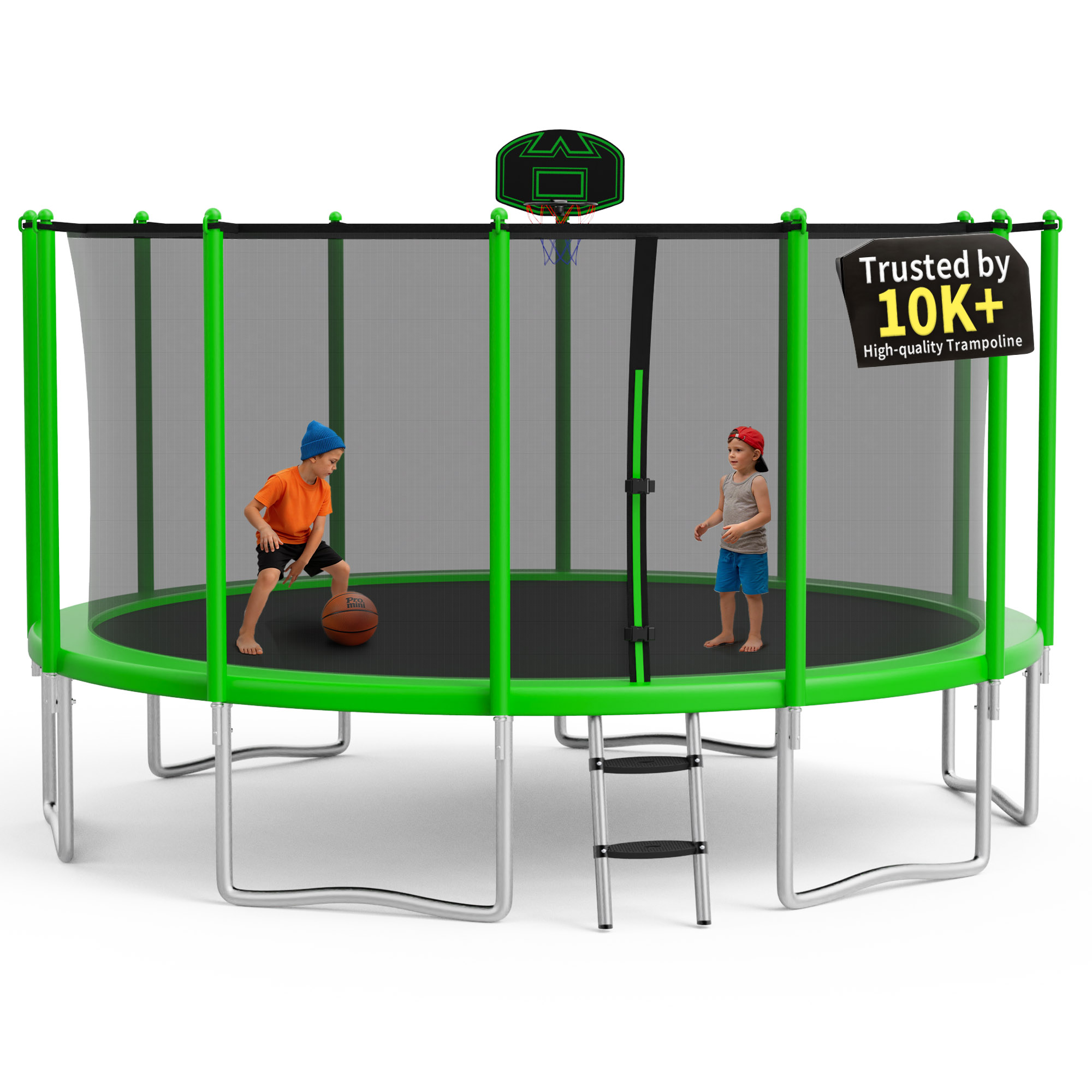 KOFUN 1500LBS 15FT Trampoline for Kids and Adults Outdoor Backyard Trampoline with Safety Enclosure Net, Basketball Hoop, 4 Anchor Kits, Ladder, A Ball, Green