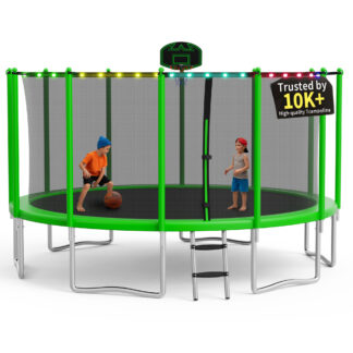 KOFUN 1500LBS 15FT Trampoline with Light, Heavy Duty Trampoline for Kids and Adults, Backyard Trampoline with Safety Enclosure Net, Basketball Hoop, 4 Anchor Kits, Ladder, A Ball, Green