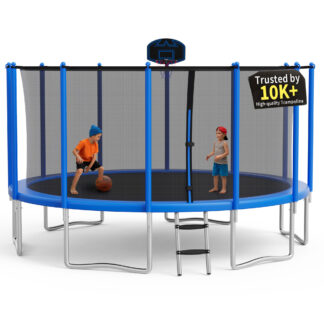 KOFUN 1500LBS 15FT Trampoline for Kids and Adults Outdoor Backyard Trampoline with Safety Enclosure Net, Basketball Hoop, 4 Anchor Kits, Ladder, A Ball, Blue
